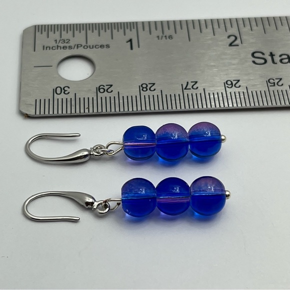Blue Purple and Silver Handmade Glass Bead Earrings - Picture 2 of 2